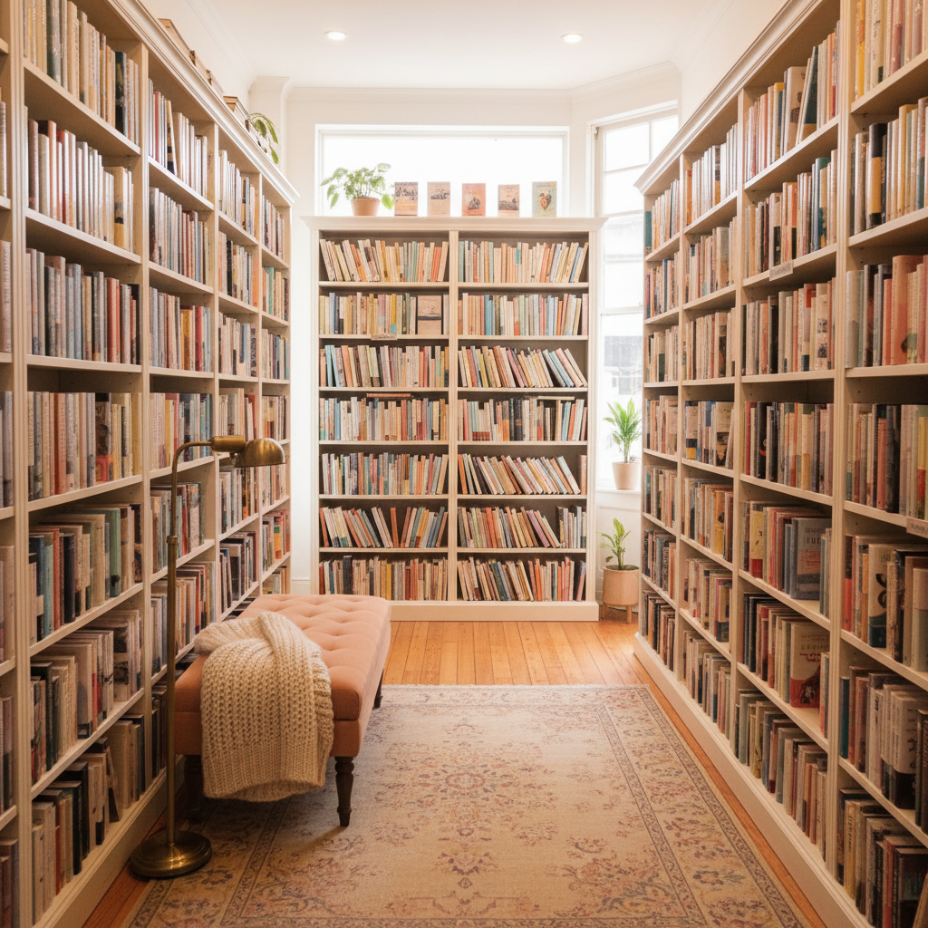 Inside the bookshop: warm wood shelves and stacked books in pastel light