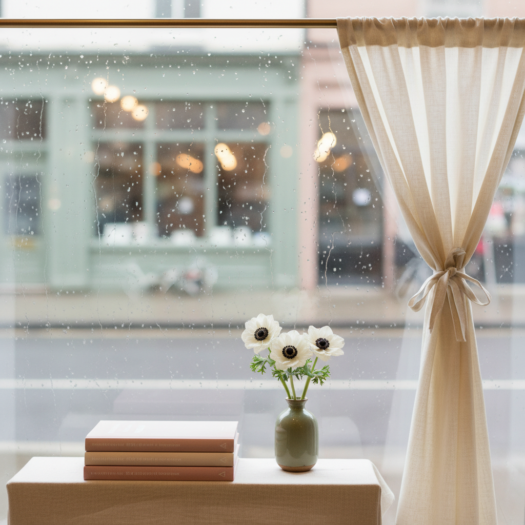 A bookshop window in soft afternoon light, books stacked along the sill