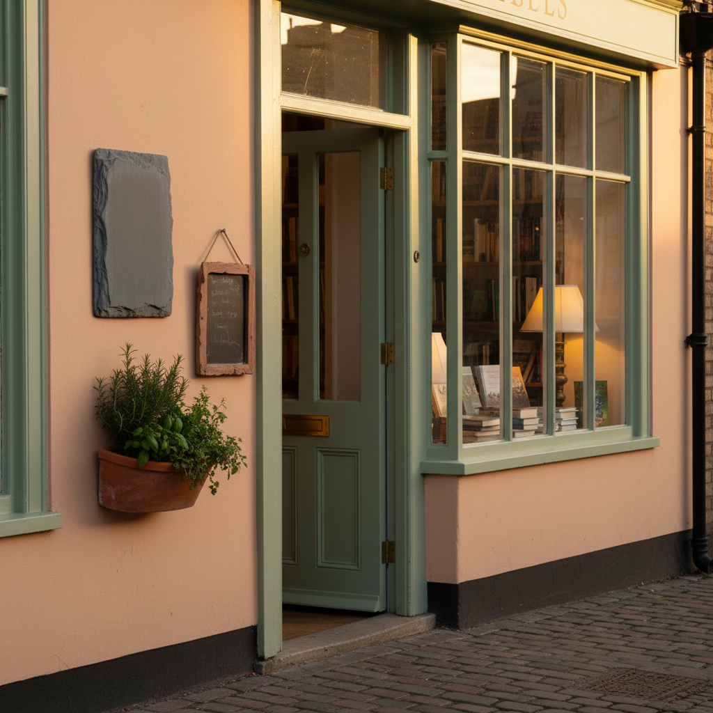A pastel-lit bookshop window with stacked books and a CLOSED sign turned to OPEN