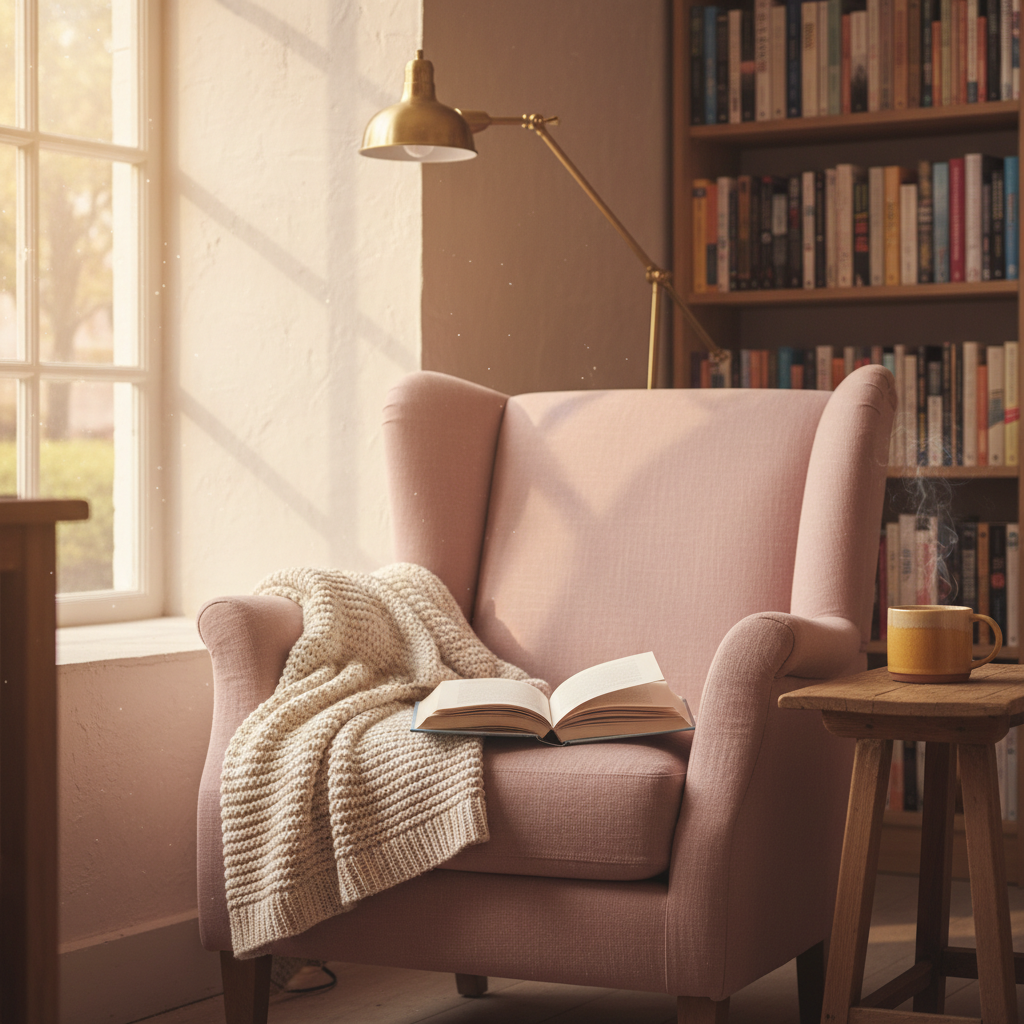 A cosy reading corner with a cup of tea and a soft blanket