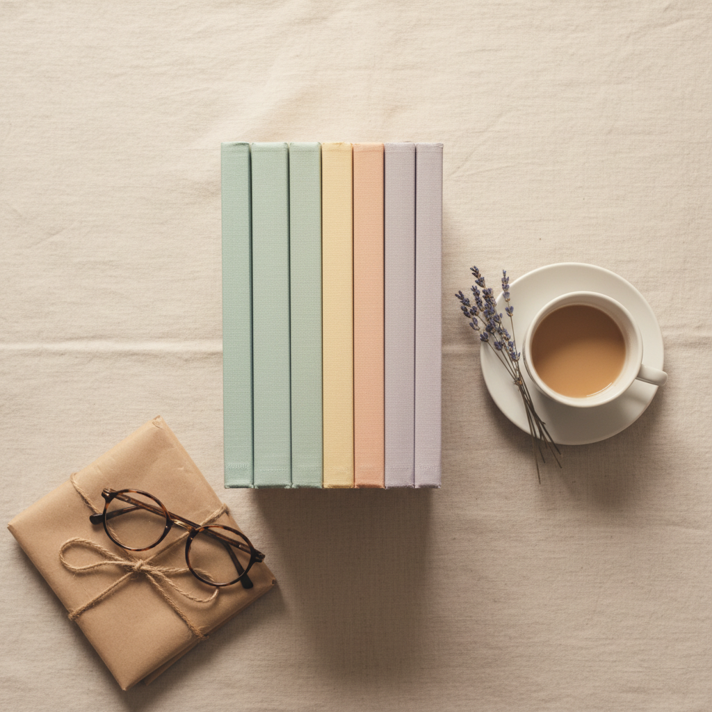 An open paperback resting on a stack of books in soft window light