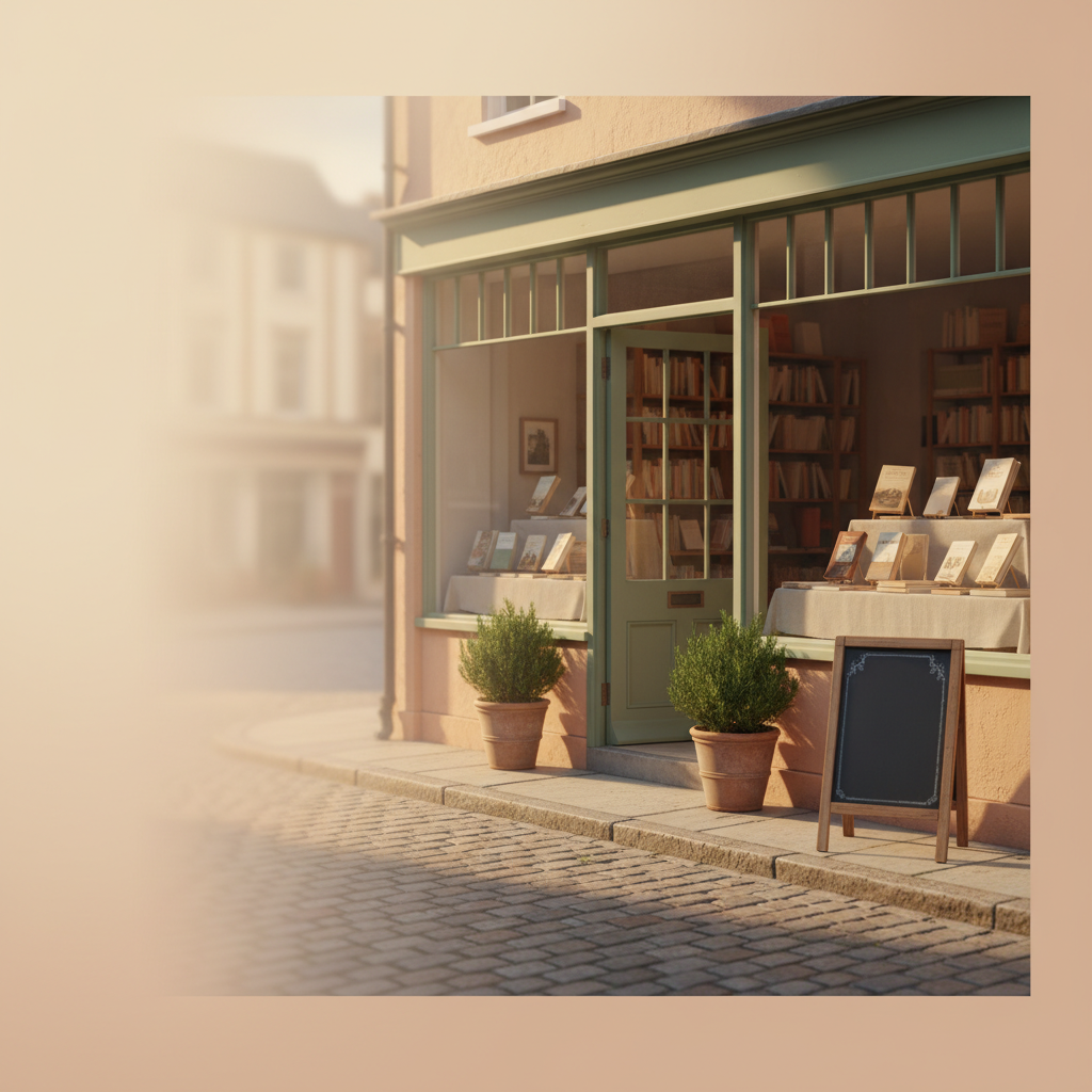 A pastel-lit bookshop storefront with stacked books in the window